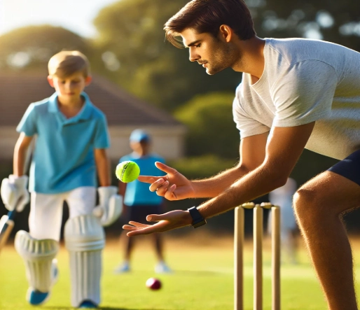 Cricket coach demonstrating a ball drop drill, holding a tennis ball at shoulder height as a young player prepares to catch it with one hand during an outdoor training session on a grass field.