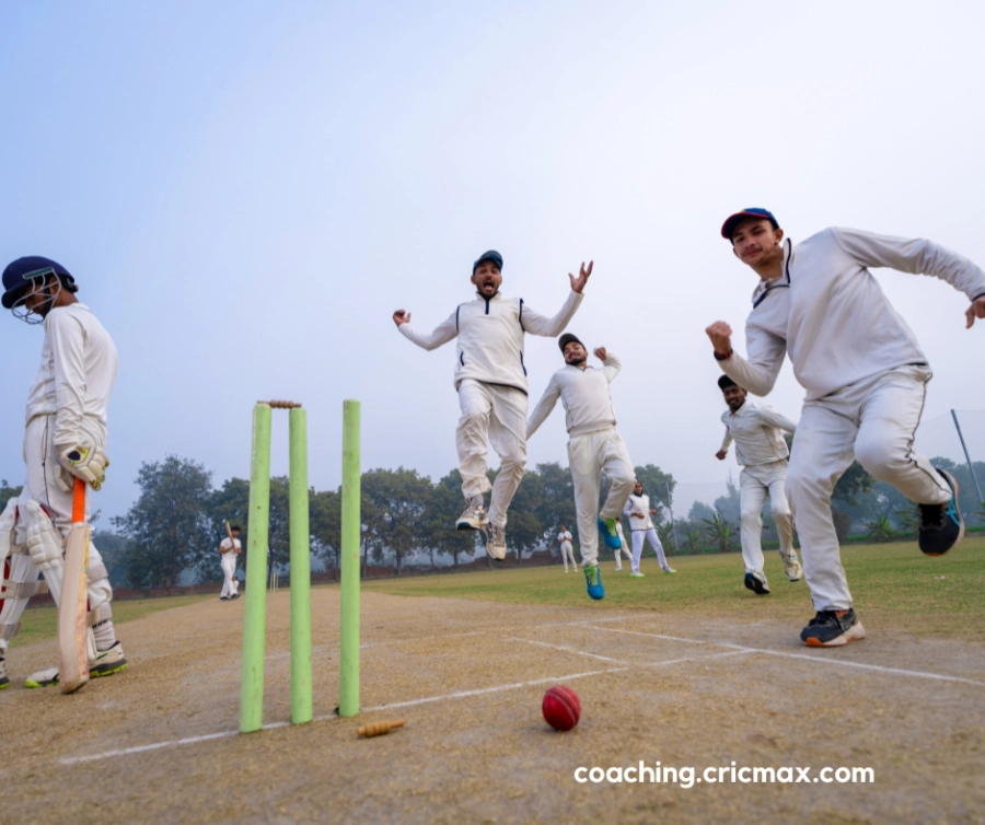 Cricket players celebrating a successful wicket on the field, highlighting the excitement, teamwork, and joy of the game.