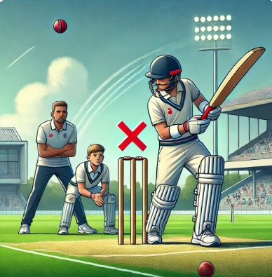 A beginner cricket batsman making a common mistake, such as playing across the line or having poor footwork, resulting in a potential dismissal. A coach or experienced player stands in the background, ready to provide guidance. The scene takes place on a professional cricket field under bright daylight, emphasizing learning and skill improvement.