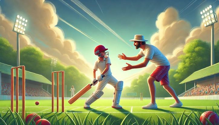 A young cricket player making a common mistake with improper bat grip, receiving guidance from a friendly coach on a lush green cricket field under clear skies. The scene highlights learning, improvement, and encouragement for beginners.