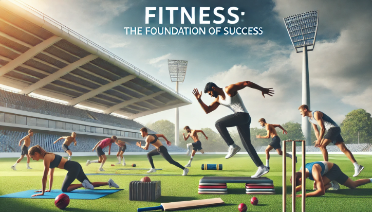 Cricket players engaged in fitness training on a cricket field, performing agility drills, core strength exercises, and endurance runs. The bright outdoor training facility highlights movement, strength, and flexibility, emphasizing the importance of fitness in cricket. Players are shown stretching, sprinting, and building stamina to enhance their performance on the field.
