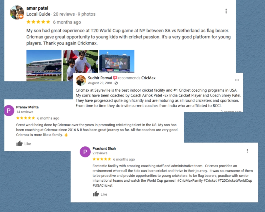 multiple positive reviews from parents and players about CricMax