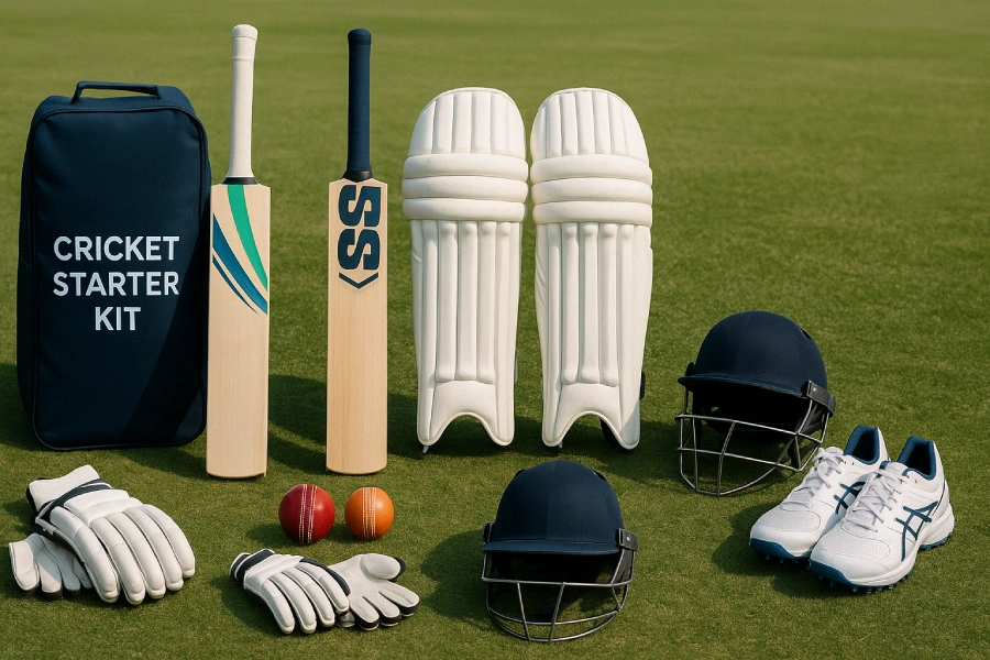 Cricket starter kit neatly arranged on grass, featuring two bats, leather and synthetic balls, gloves, pads, helmets, and shoes—ideal for beginner to advanced players preparing for the 2025 season.