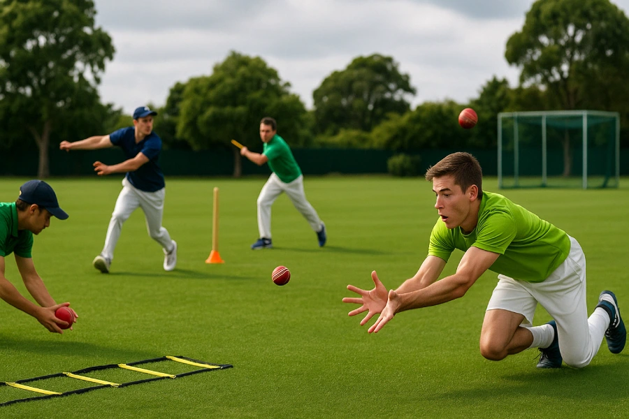 Cricket fielding training session with young players practicing catching, throwing, and ground fielding techniques on a green field, featuring agility ladders, stump targets, and active drills under an overcast sky.