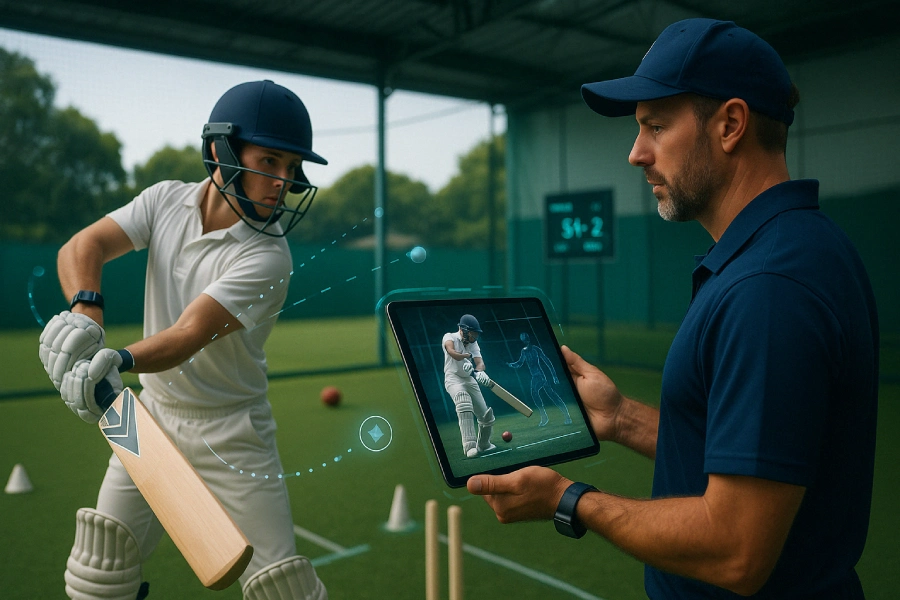 Cricket player in a modern training facility practicing batting while a coach reviews motion analysis data on a tablet, with wearable tech and performance metrics displayed—highlighting the use of technology and data in cricket coaching.