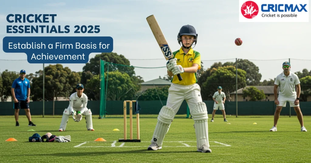 Young cricket player in full gear batting during a training session with coaches and teammates at CricMax Academy, 2025 cricket coaching essentials.