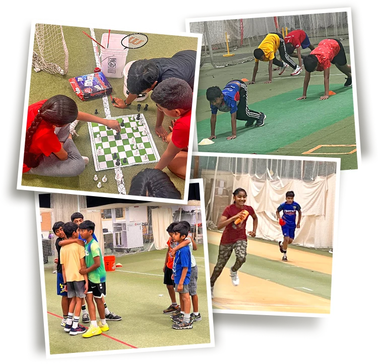 Collage of children participating in CricMax summer Camp activities, including playing chess, doing fitness drills, running, and group huddles. The images are taken indoors on a turf field and showcase teamwork, fun, and skill-building for kids under 13.