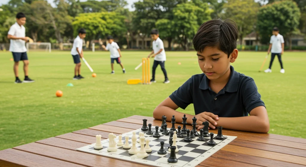 A young boy concentrates on a chess game at a wooden table outdoors, while other children play cricket in the background on a lush green field. The scene highlights a balance of mental focus and physical activity in a camp setting.