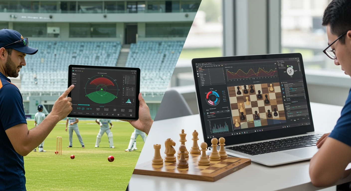 Split image showing technology in modern cricket and chess. On the left, a cricket coach uses a tablet displaying ball-tracking analytics while players practice on a stadium field. On the right, a person studies a chess game on a laptop with advanced data analysis, graphs, and a digital board. Both scenes highlight the role of data in strategic decision-making.