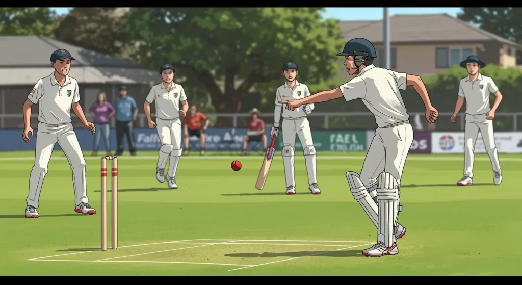 A group of young cricketers in white uniforms reacting during a tense moment on the field. One player points and calls out a play while others prepare to respond, showing active communication and situational awareness. Spectators watch from the sidelines under a sunny sky at a neighborhood cricket ground.
