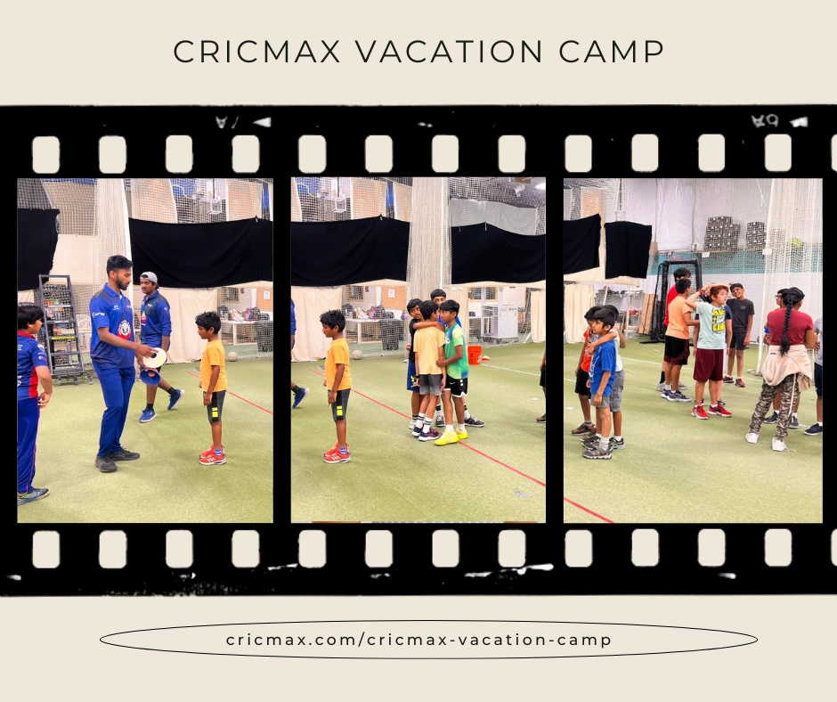 CricMax coaches guiding young players during a teamwork and strategy session at an indoor cricket camp. Children collaborate in small groups, listen to instructions, and engage in hands-on learning that builds leadership and communication skills.)