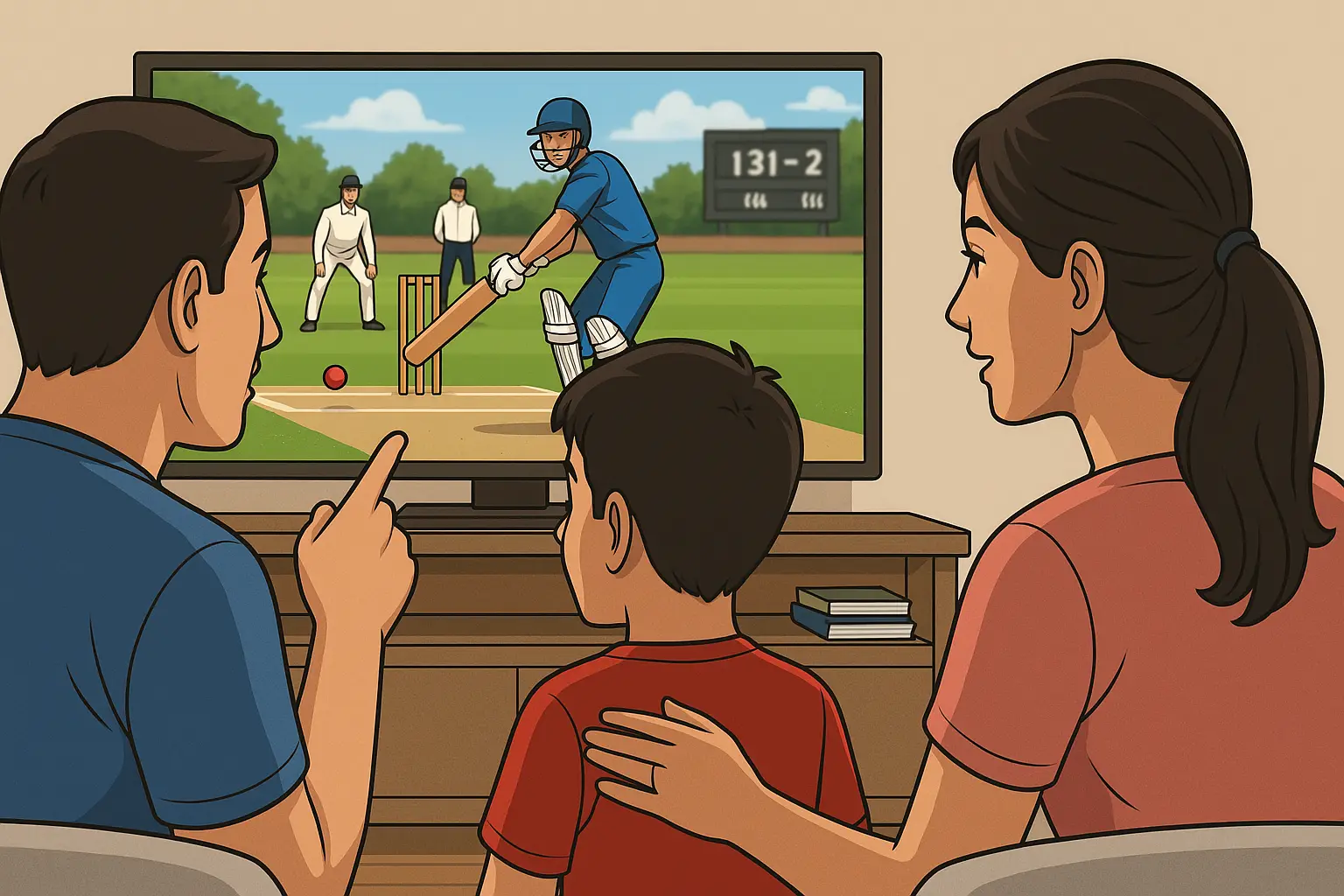 A family watches a cricket match together on TV. The father points to the screen while explaining the play to his son, who listens attentively. The mother sits beside them, smiling and engaged in the discussion — reinforcing cricket strategy and smart decision-making off the field.