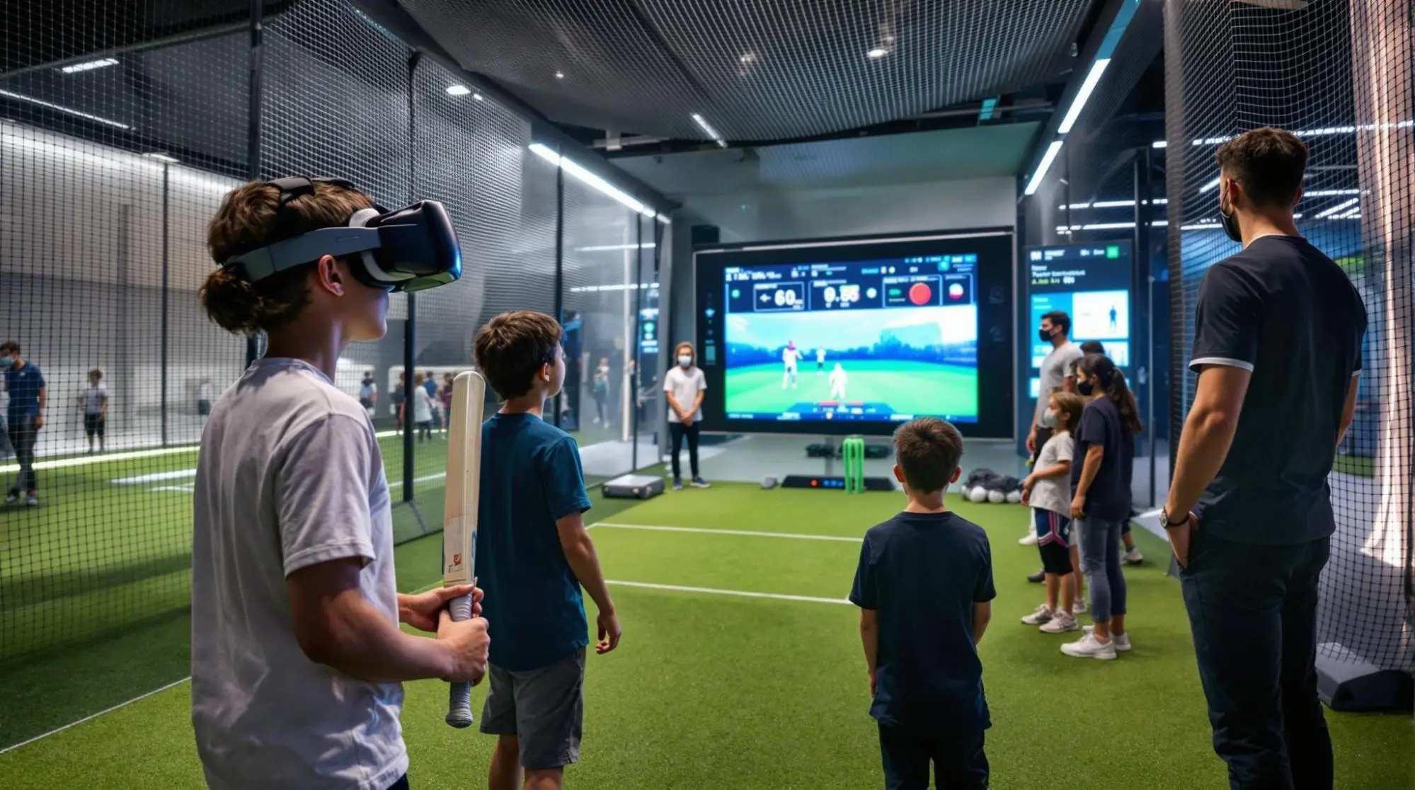 Young cricket players training in a modern indoor facility using virtual reality and video analysis. One child wears a VR headset while holding a cricket bat, while others watch gameplay stats and simulations on a large digital screen. Coaches and parents observe the tech-driven session, showcasing the future of youth cricket.