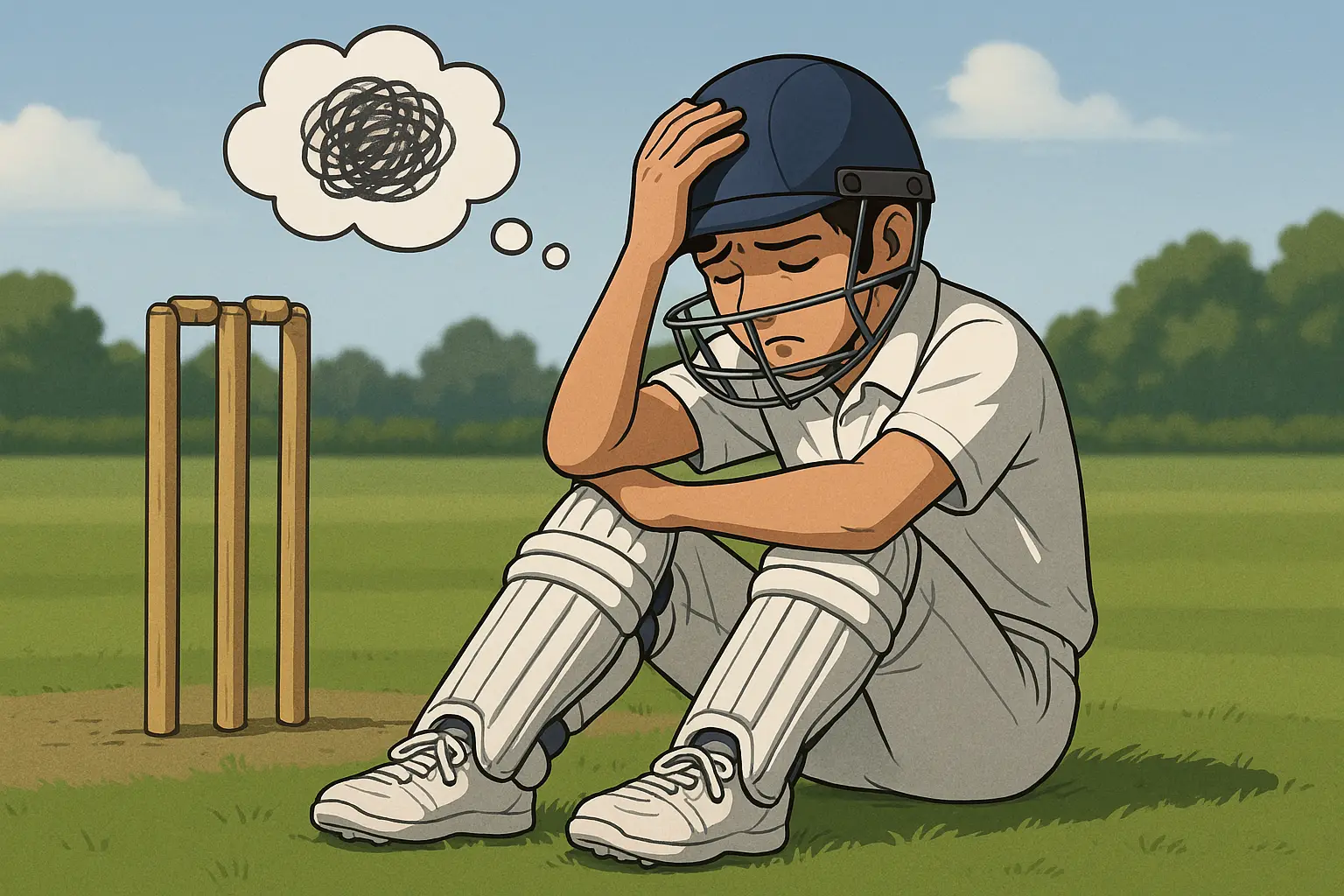 A young cricketer in full uniform sits on the grass near the stumps, visibly frustrated with his head resting on his hand. A thought bubble with a scribble above his head symbolizes confusion or disappointment, highlighting the emotional challenges of learning and developing cricket game sense.