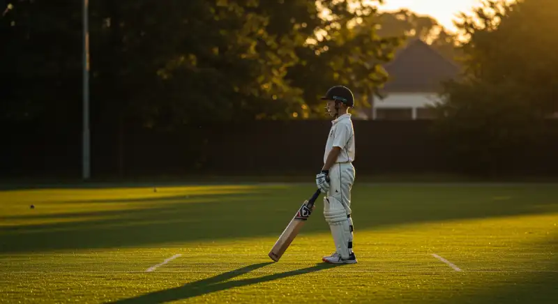 A young cricket player stands calmly on the field at sunset, holding a bat and focusing ahead. The warm light and quiet surroundings reflect mindfulness, stress relief, and mental clarity developed through cricket.
