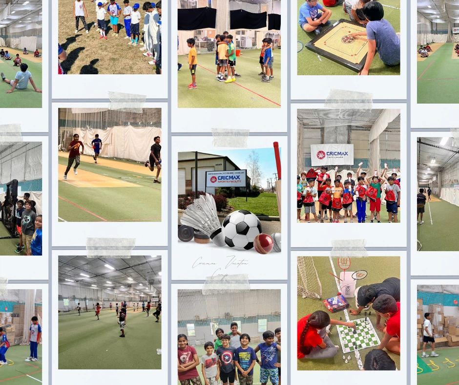 Children participating in CricMax Summer Camps, engaging in cricket drills, strategy games, and teamwork activities indoors and outdoors. Group photos, active play, and coaching scenes highlight confidence building, fitness, and fun for kids under 13.)