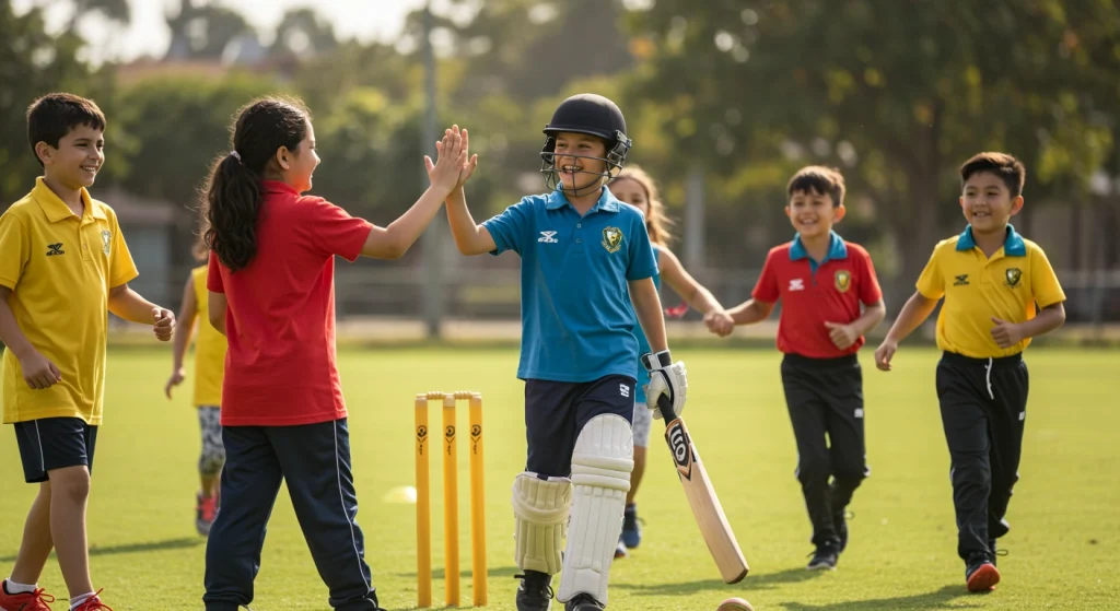 A group of young children playing cricket on a sunny field. One child wearing protective gear and holding a bat high-fives a teammate while others cheer and smile in the background, showcasing teamwork, confidence, and joy.