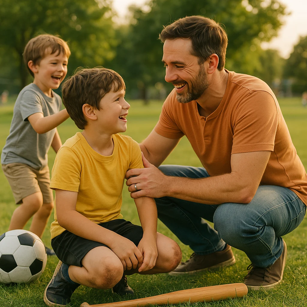 Candid photo of a father kneeling at eye-level with his young son in a park, both smiling warmly. A soccer ball and wooden bat lie nearby on the grass, and a second child playfully joins the moment. The children have dirt-stained knees, and the scene is bathed in natural sunlight, capturing a heartfelt, supportive post-sports moment focused on connection and encouragement.