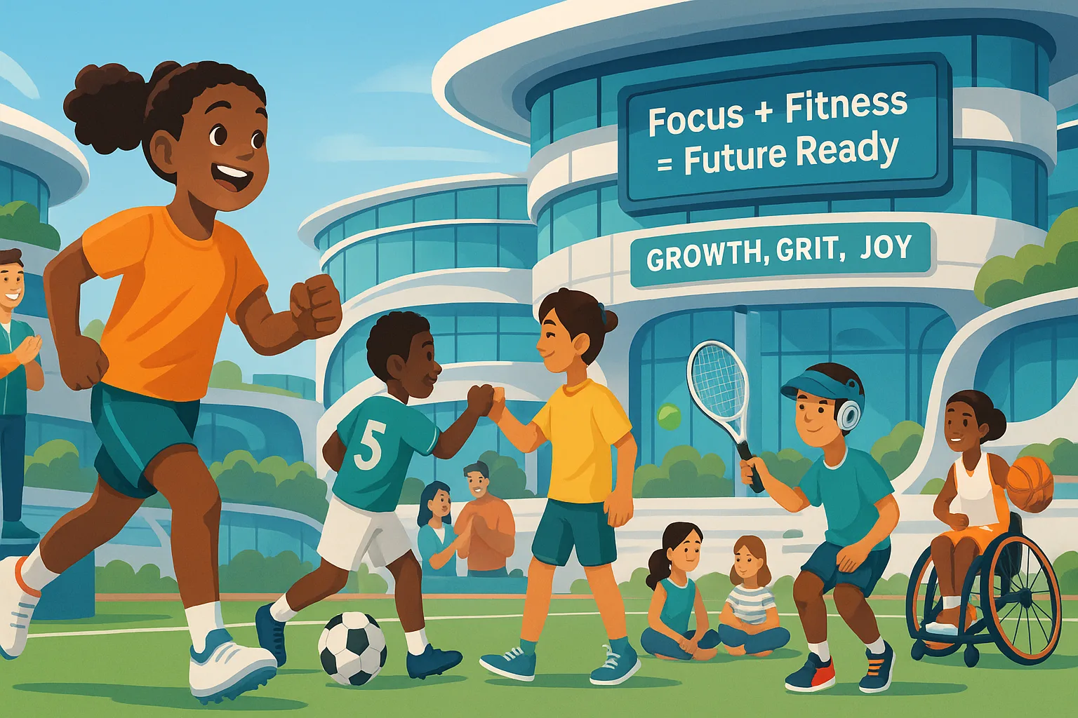 Illustration of a futuristic community sports complex in 2025 featuring diverse children ages 7–13 engaged in various activities: a child running with a smart fitness tracker, two soccer players sharing a fist bump, a child in a wheelchair holding a basketball, another holding a robotic tennis racket, and a group sitting with a coach in a mindfulness circle. A digital scoreboard reads 'Focus + Fitness = Future Ready' and signage promotes 'Growth, Grit, Joy.' The setting is bright, inclusive, and technology-enhanced.