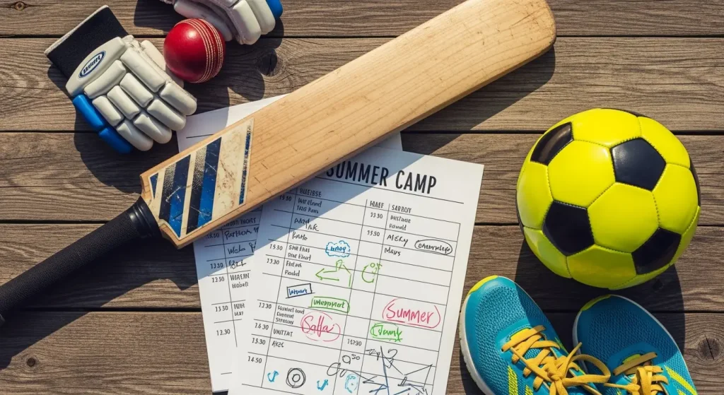 Flat lay of youth sports gear on a wooden surface, including a cricket bat, batting gloves, red cricket ball, bright yellow and black soccer ball, and teal running shoes with yellow laces. Two summer camp schedules with handwritten notes and colorful doodles are partially visible beneath the cricket bat, suggesting a fun and active multi-sport camp environment.