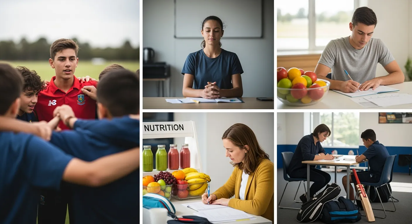 Collage of scenes from a youth cricket program: a young player leading a team huddle, a child practicing mindfulness or focus with eyes closed, a nutrition table with fruits, smoothies, and healthy snacks, and a student receiving academic help beside cricket gear. The images highlight the program’s emphasis on leadership, mental resilience, healthy habits, and academic support.