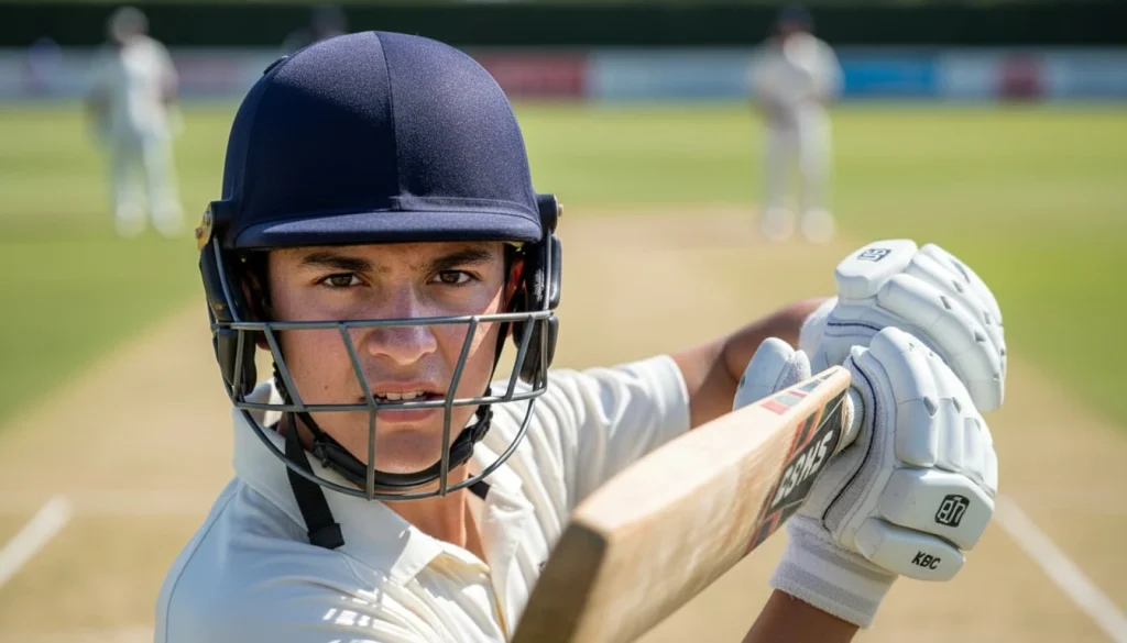 A young cricketer on the pitch at sunrise, holding a bat and smiling with confidence, with the cricket field glowing in warm golden light.
