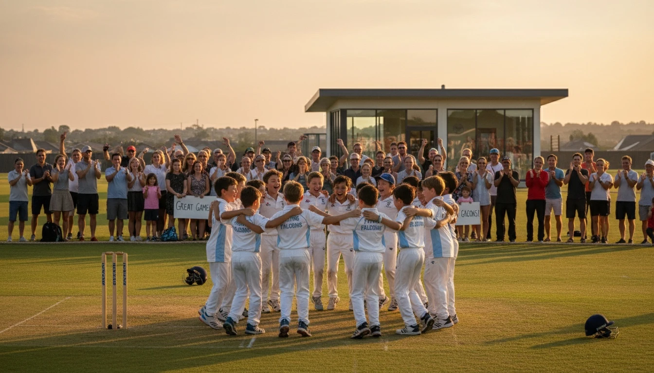 A youth cricket team in a huddle with arms around each other, smiling and laughing, while family and coaches cheer from the sidelines.
