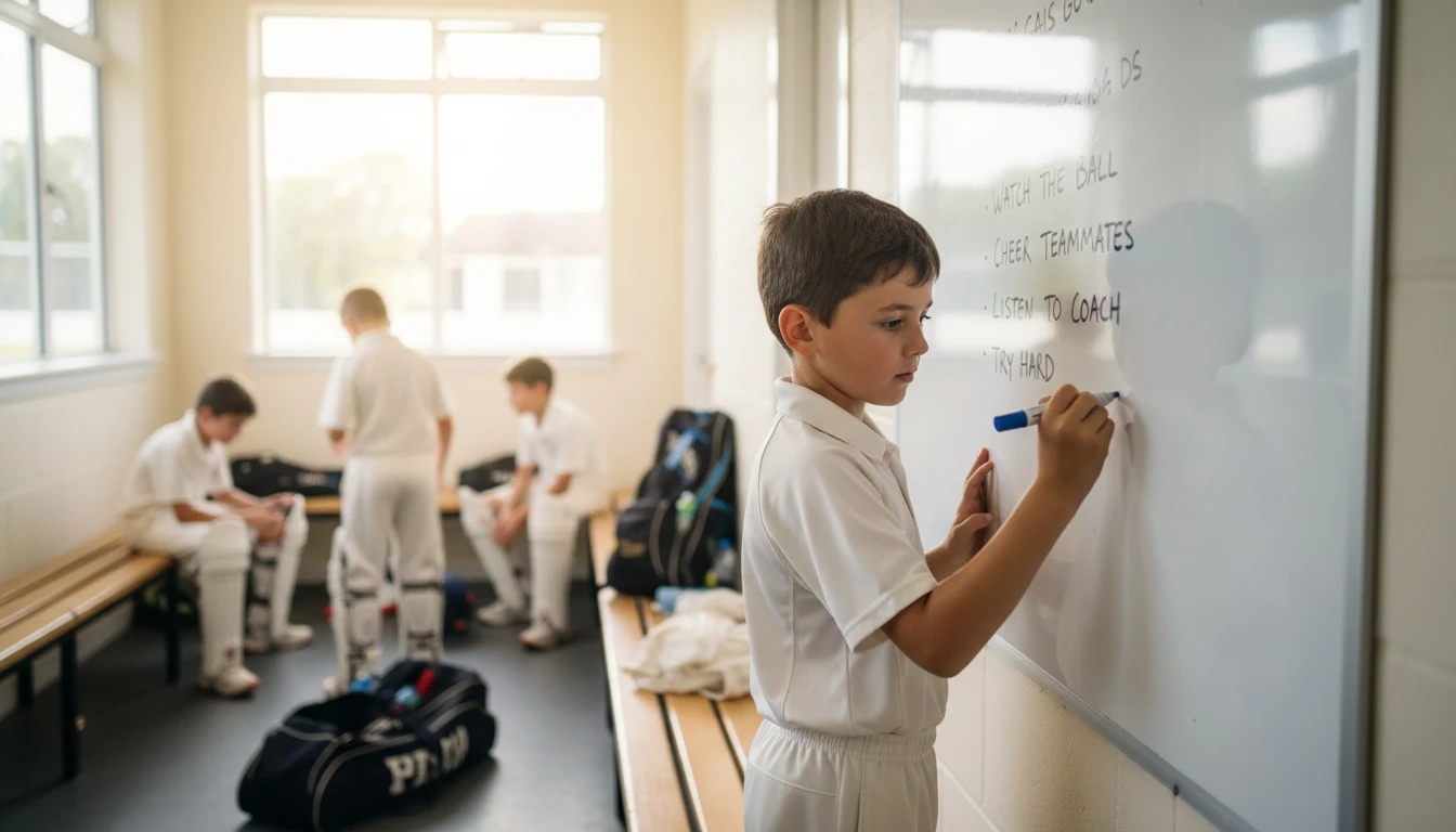 A child writing small cricket goals like “Watch the ball” on a whiteboard in a pavilion before practice, with natural daylight streaming in.
