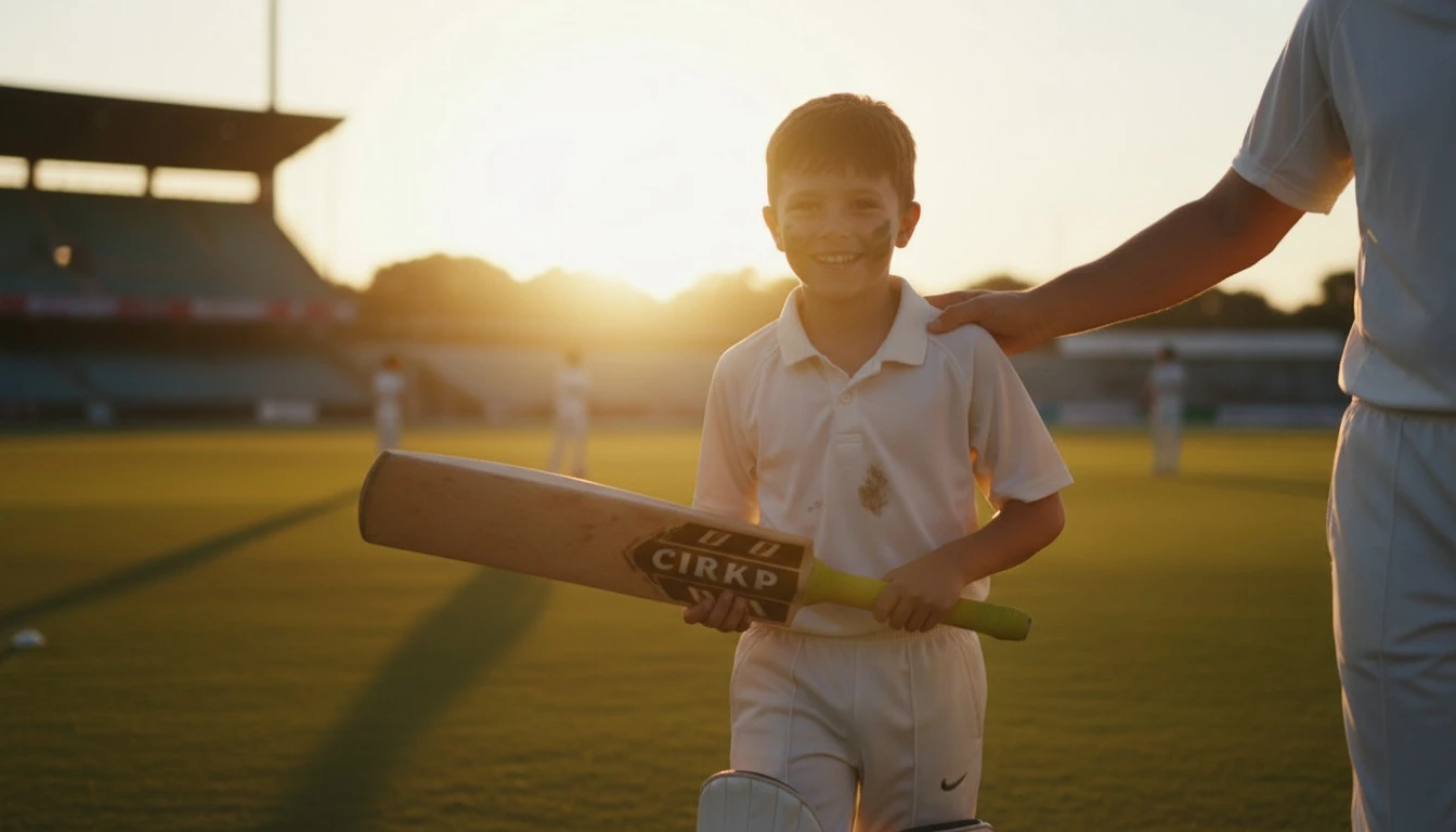 A young cricketer walking off the pitch with a big smile, holding a bat, as a parent rests a proud hand on their shoulder in the sunset glow.