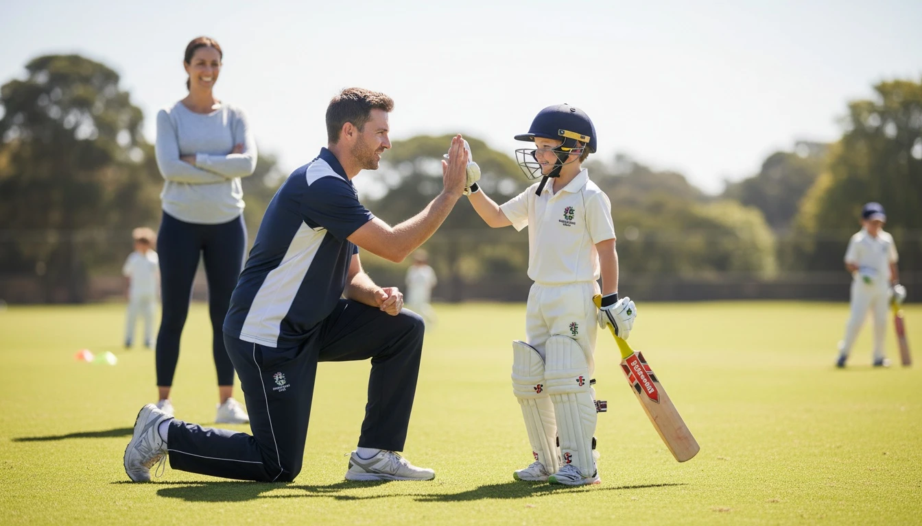 A cricket coach kneeling to high-five a smiling young player during training, with a parent watching proudly in the background.