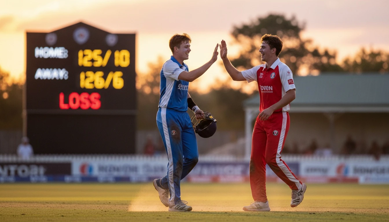 Two young cricketers high-fiving after a hard run, smiling despite the scoreboard, with the sunset casting warm light on the scene.