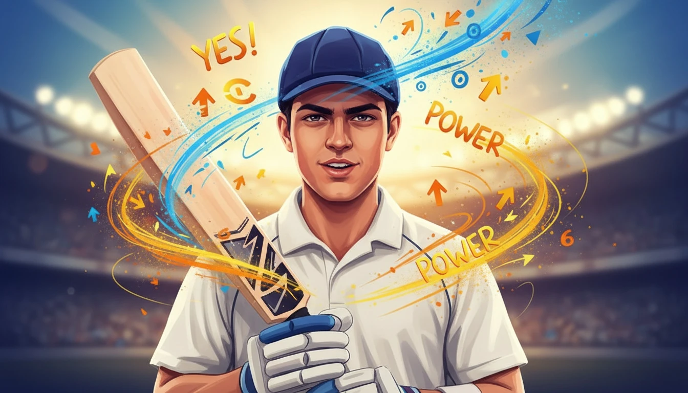 Close-up of a young cricketer smiling while whispering encouraging words to themselves, with subtle glowing waves symbolizing positive thoughts.