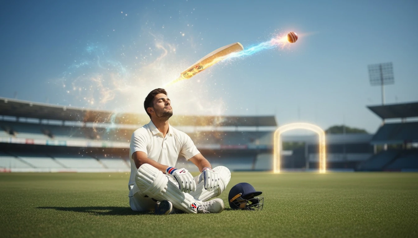 A young cricketer sitting with eyes closed, imagining a perfect shot, with a dreamlike glowing cricket ball overlaid to represent visualization.